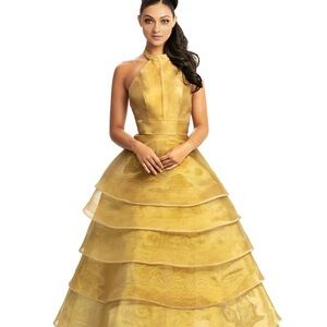 Johnathan‎ Kayne Gold Tiered Halter Gown